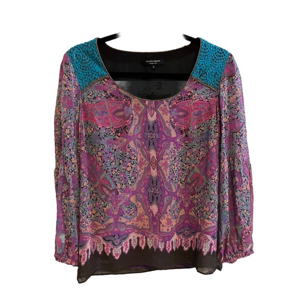 Nanette Lepore Boho Hippie Floral 100% Silk Crochet Back Lined Top USA size 4 - Picture 1 of 4